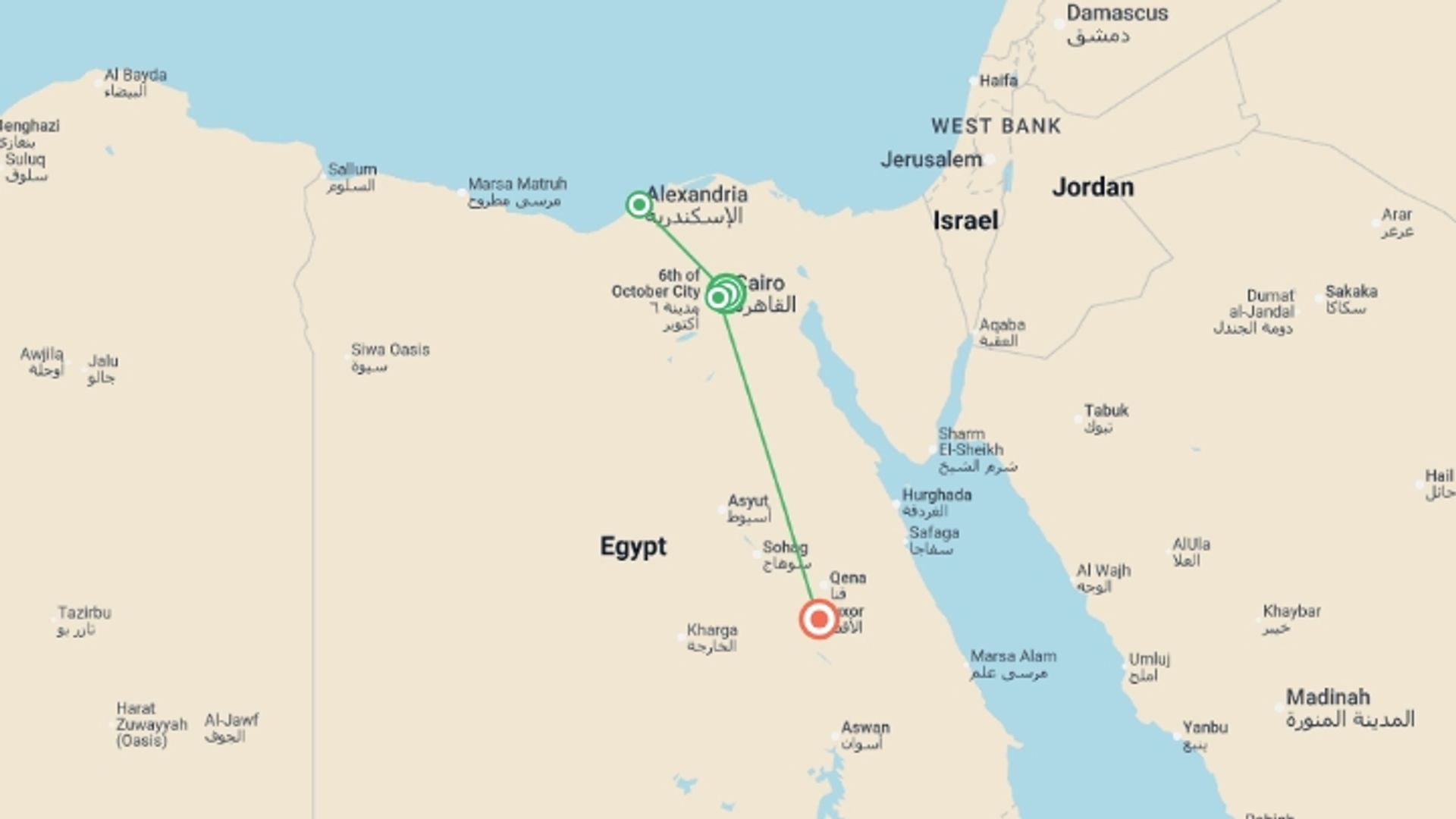 A map showing the tour itinerary for the trip: Alexandria to Luxor Explorer - 9 Days, starting in Cairo, Egypt and ending in Luxor, Egypt going through 2 other destinations.
