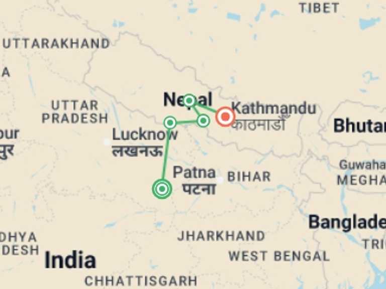 Map of Kathmandu Explorer Tour with 5 destination visits for the trip: India & Nepal on a Budget: Varanasi to Kathmandu