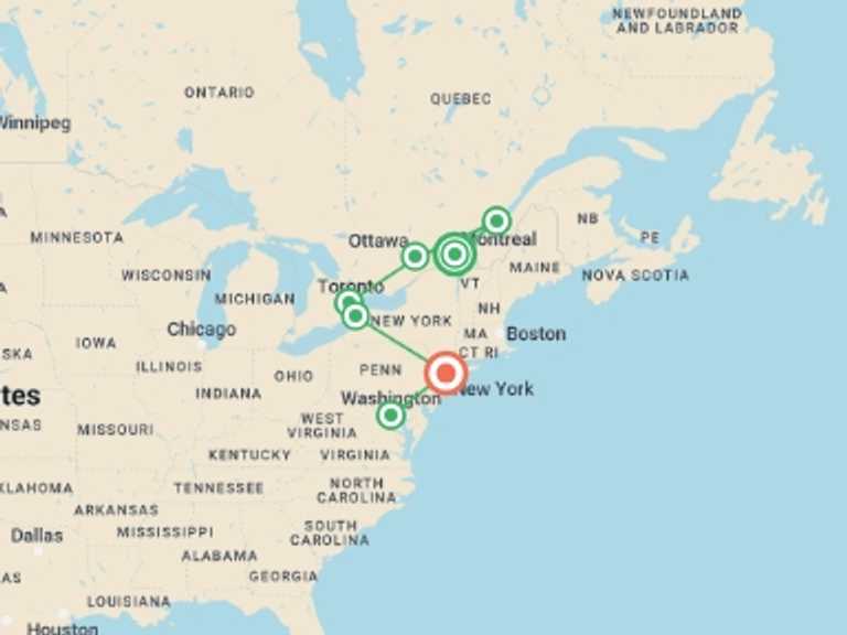 Map itinerary of Washington D.C. Tour in September 2025 with 7 destination visits for the trip: Unmissable Canada with East Coast