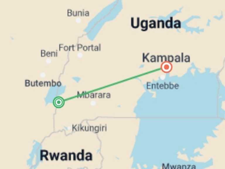 Map itinerary of Uganda Tour in June 2027 with 2 destination visits for the trip: 2 Day Tour of Queen Elizabeth National Park