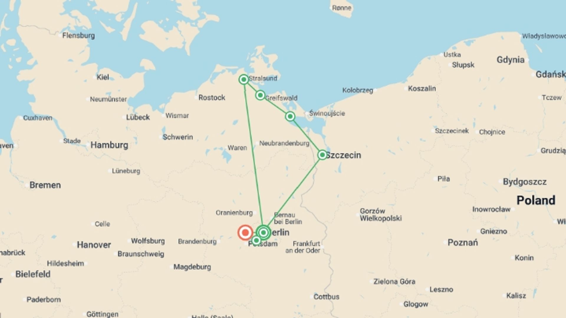 A map showing the tour itinerary for the trip: From Stralsund to Berlin: The Baltic Sea and the Oder and Havel Rivers (port-to-port cruise), starting in Berlin, Germany and ending in Spandau, Germany going through 5 other destinations.
