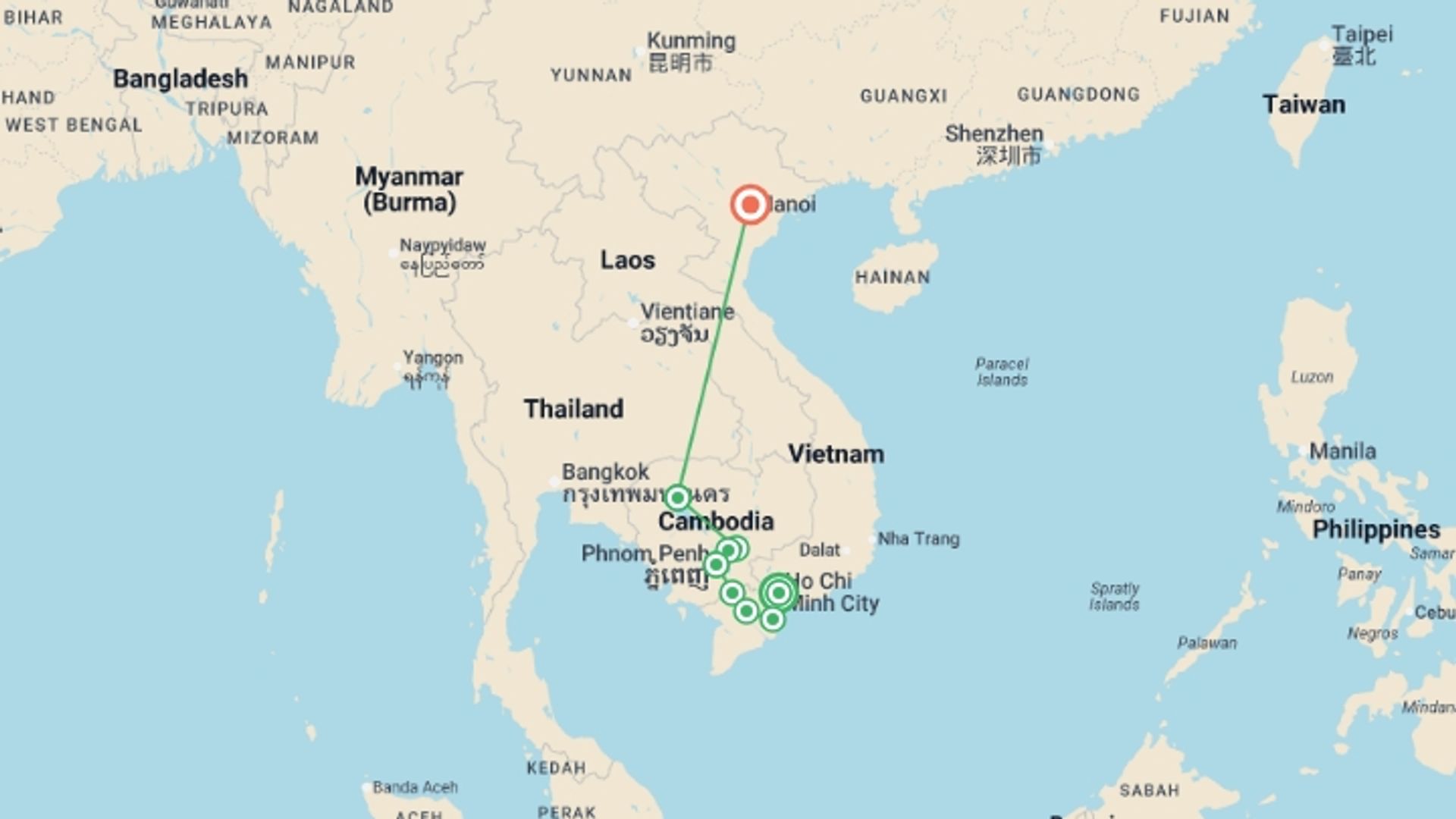 A map showing the tour itinerary for the trip: Timeless Wonders of Vietnam, Cambodia & the Mekong (2026), starting in Ho Chi Minh City, Vietnam and ending in Hanoi, Vietnam going through 7 other destinations.