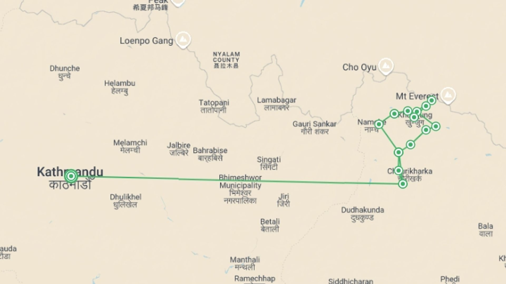 A map showing the tour itinerary for the trip: Everest Three High Pass Trek, starting in Kathmandu, Nepal and ending in Kathmandu, Nepal going through 13 other destinations.