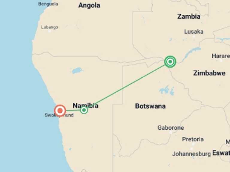 Map of Victoria Falls Explorer Tour with 3 destination visits for the trip: Active Southern Africa: Victoria Falls & Namibia