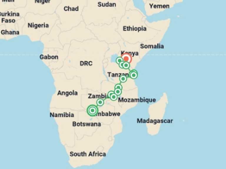 Map of Kenya and Zimbabwe Tour with 15 destination visits for the trip: Zimbabwe to Kenya Overland Safari & Participation Camping