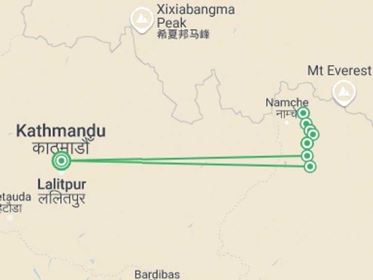 Map of 12-Day Kathmandu Tour with 9 destination visits for the trip: Gokyo Valley Trekking - 12 Days 