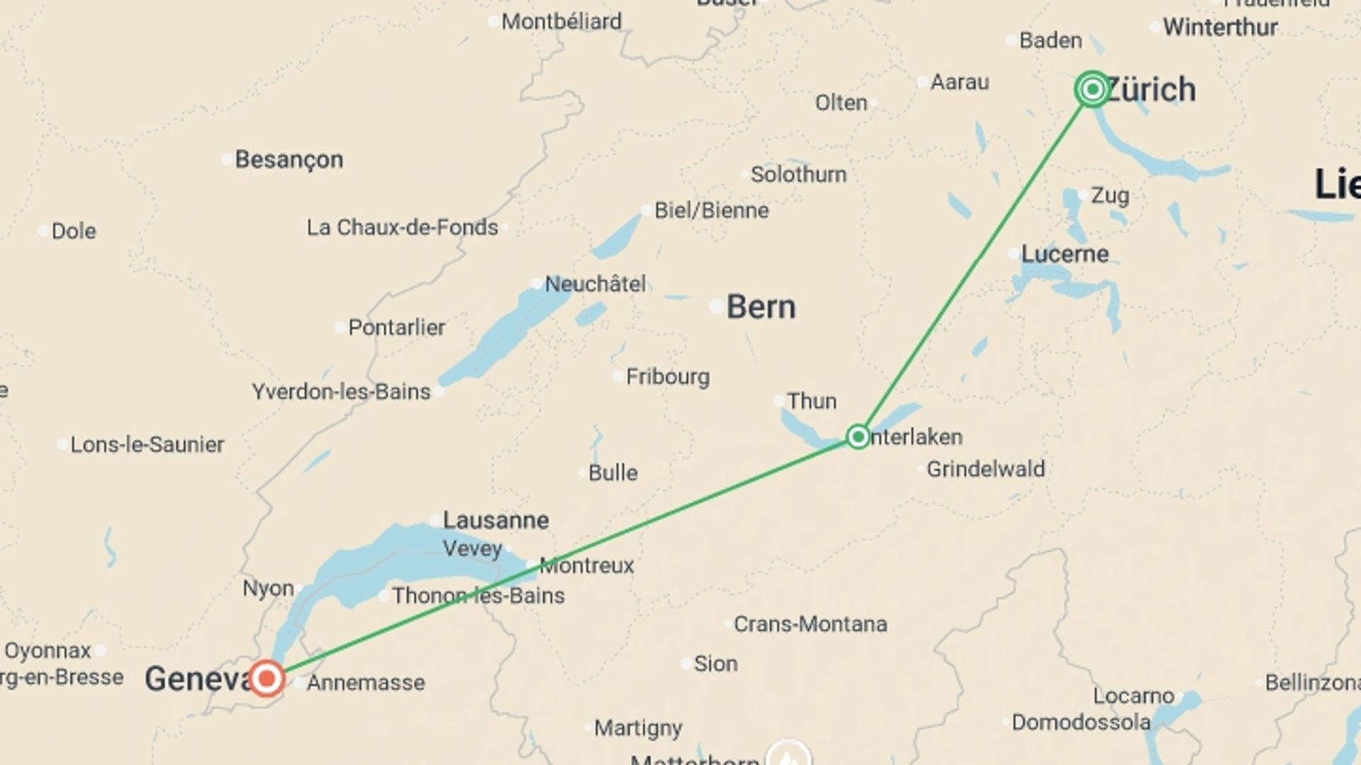 A map showing the tour itinerary for the trip: Zurich to Geneva - 7 days, starting in Zurich, Switzerland and ending in Geneva, Switzerland going through 1 other destinations.