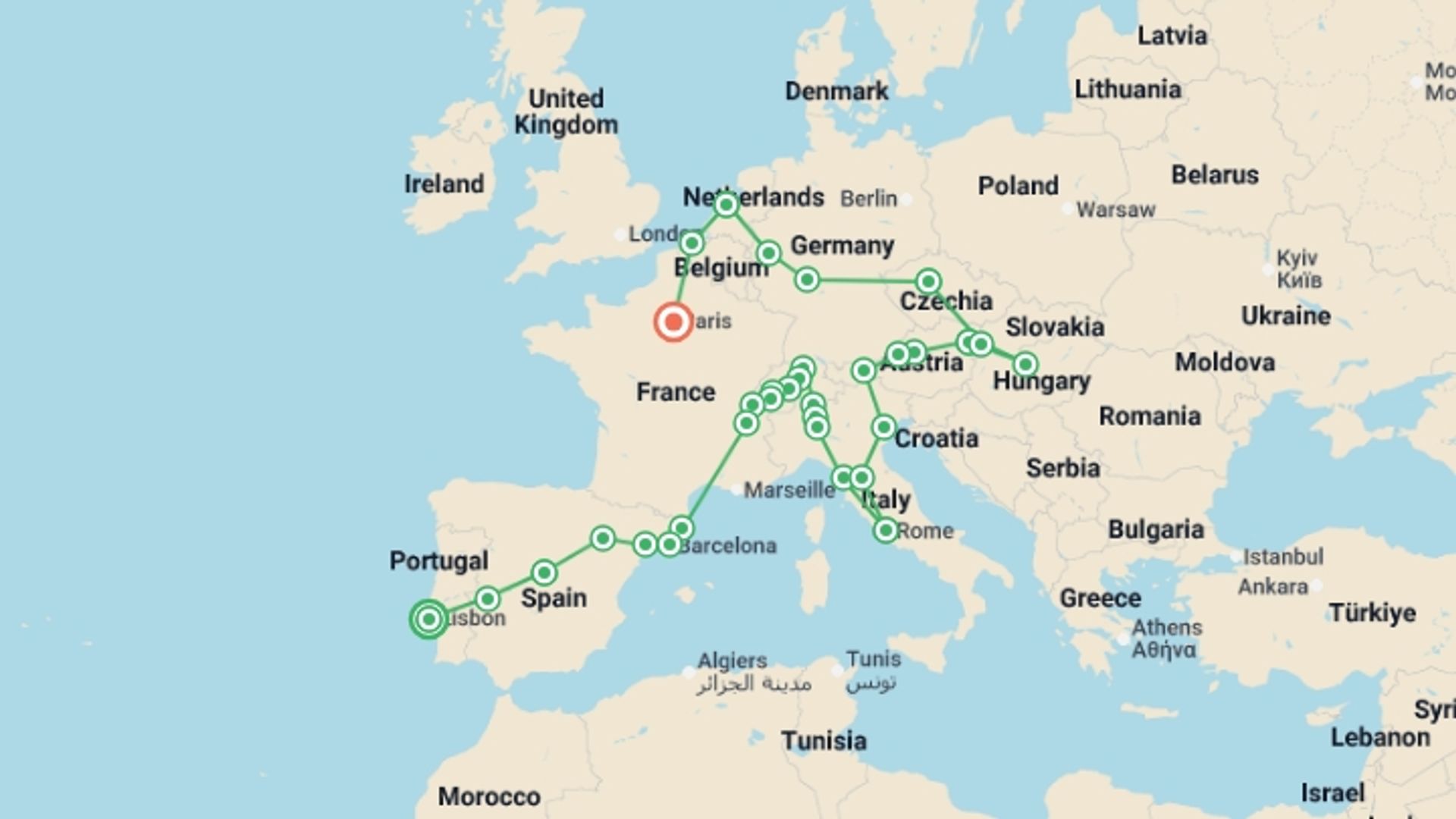 A map showing the tour itinerary for the trip: Contrast of Europe end Paris, starting in Lisbon, Portugal and ending in Paris, France going through 16 other destinations.