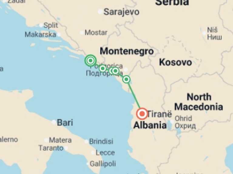 Map itinerary of Mediterranean Tour in October 2026 with 6 destination visits for the trip: Cycle the Balkans - Croatia to Albania