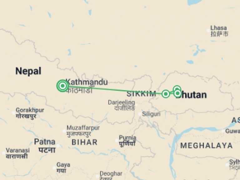 Map of Nepal Tour with 4 destination visits for the trip: Festivals of Bhutan