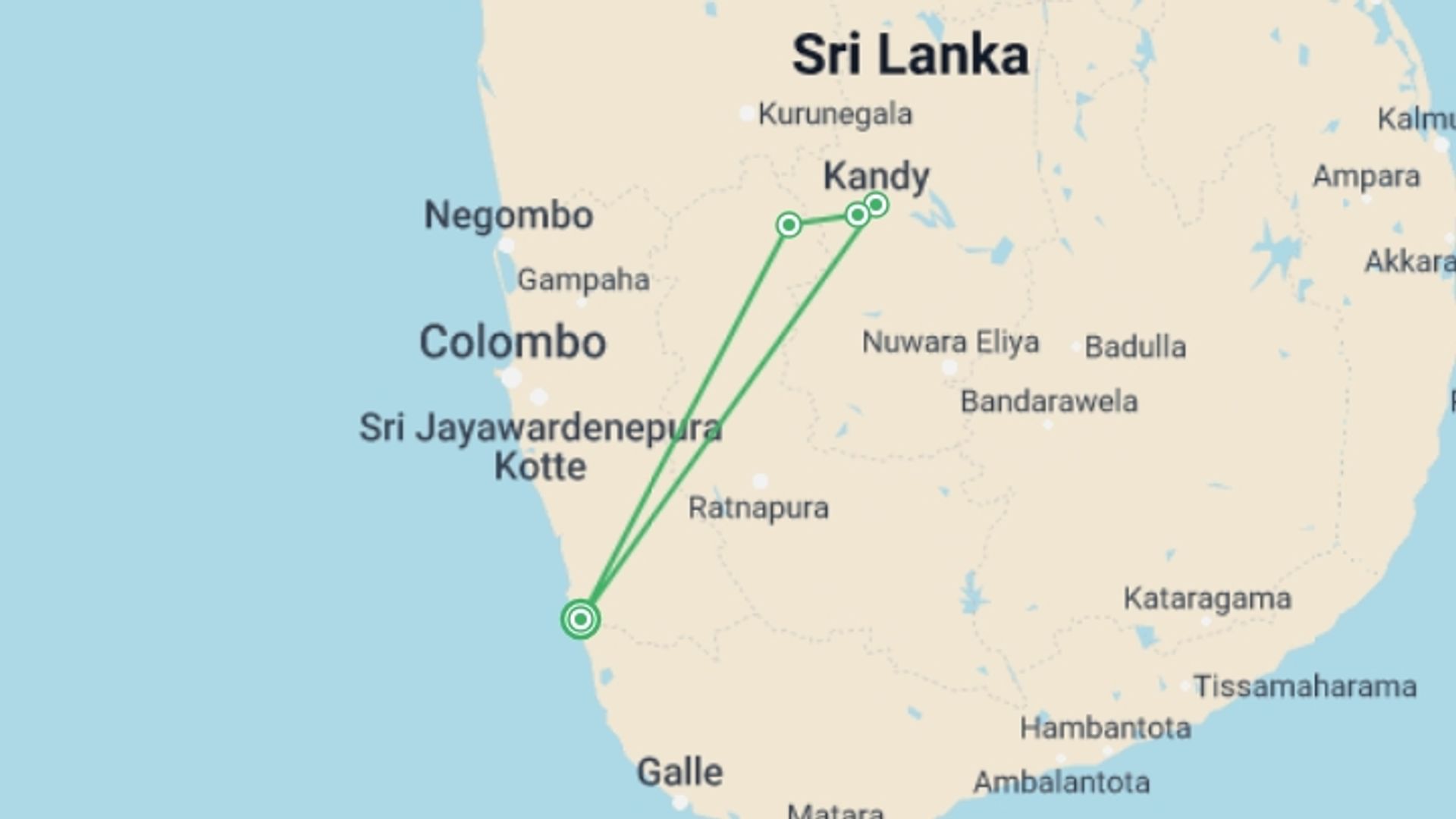 A map showing the tour itinerary for the trip: Kandy 2 Days, Private Tour, starting in Bentota, Sri Lanka and ending in Bentota, Sri Lanka going through 1 other destinations.
