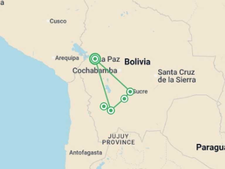 Map itinerary of La Paz Tour in October 2026 with 5 destination visits for the trip: Bolivia Highlights