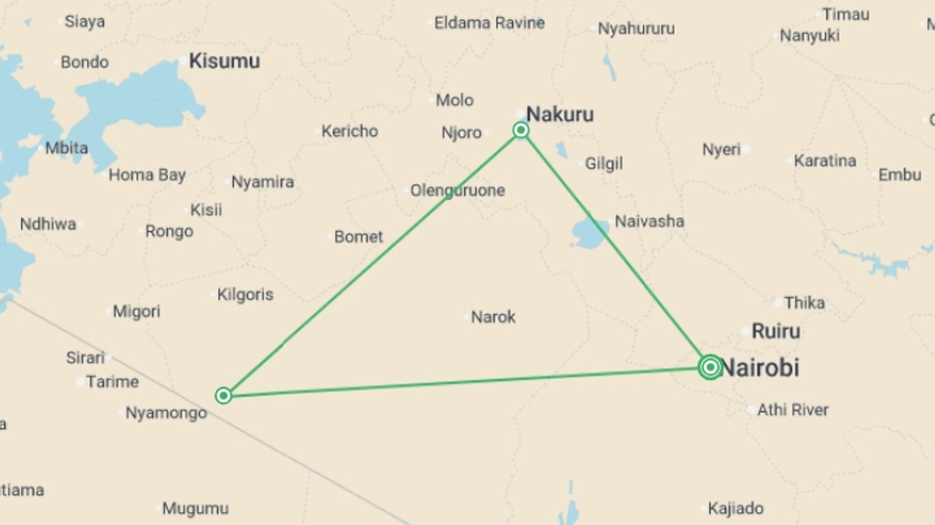 A map showing the tour itinerary for the trip: Through The Rift Valley, Zebra Plains - Private Tour, starting in Nairobi, Kenya and ending in Nairobi, Kenya going through 2 other destinations.
