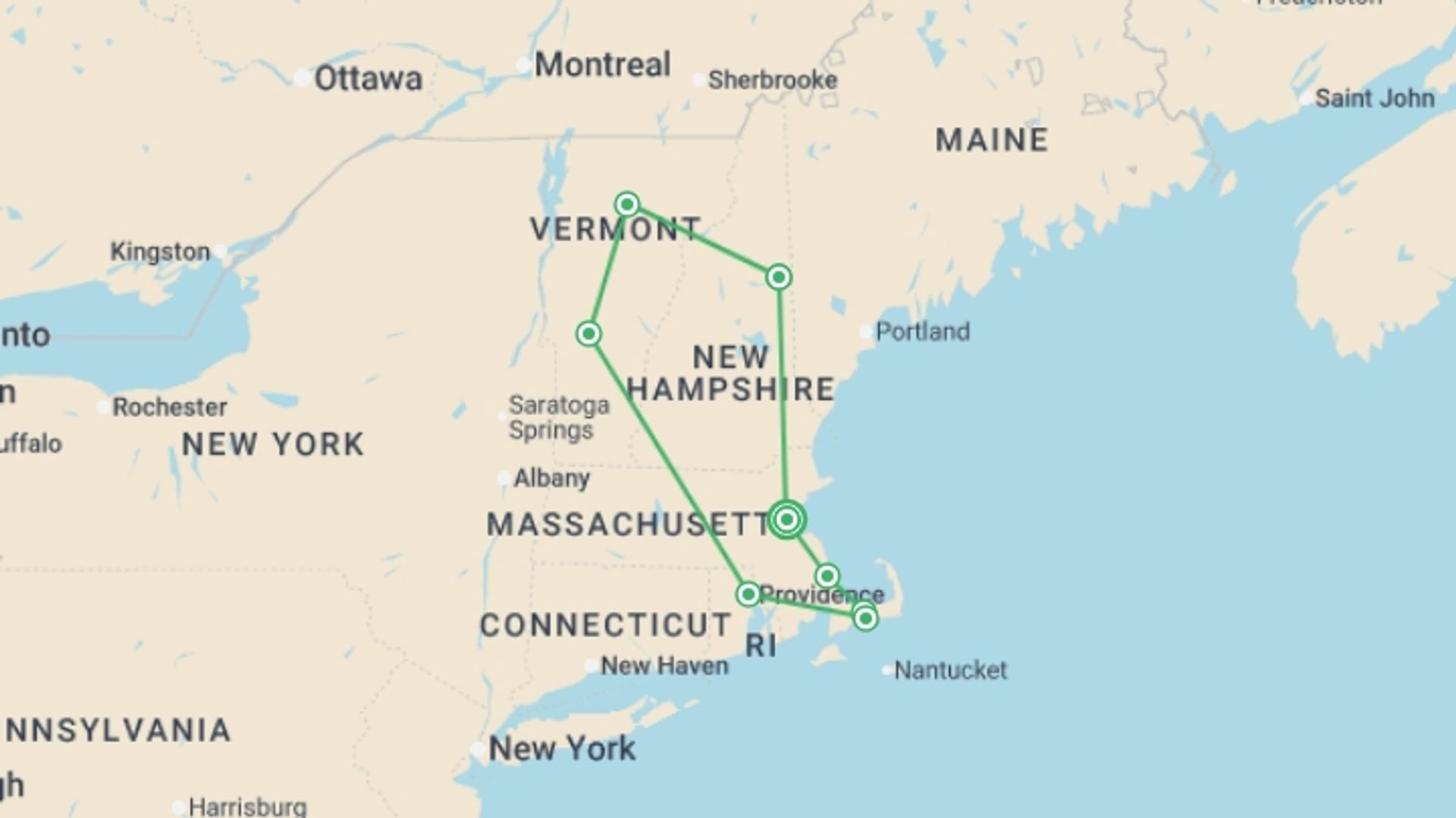 A map showing the tour itinerary for the trip: Fall Colours of New England, starting in Boston, USA and ending in Boston, USA going through 6 other destinations.