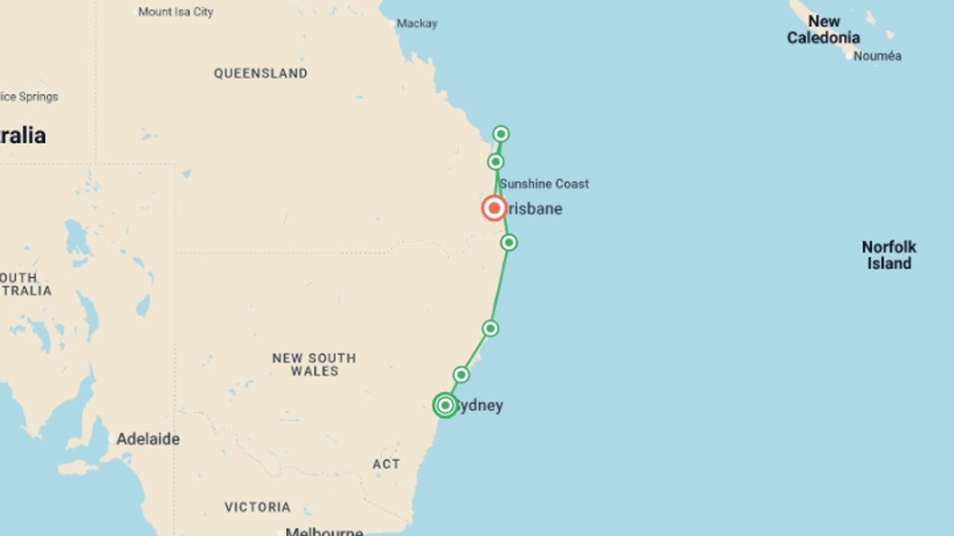 A map showing the tour itinerary for the trip: Sydney to Brisbane Adventure - 8 days, starting in Sydney and NSW, Australia and ending in Brisbane, Australia going through 6 other destinations.