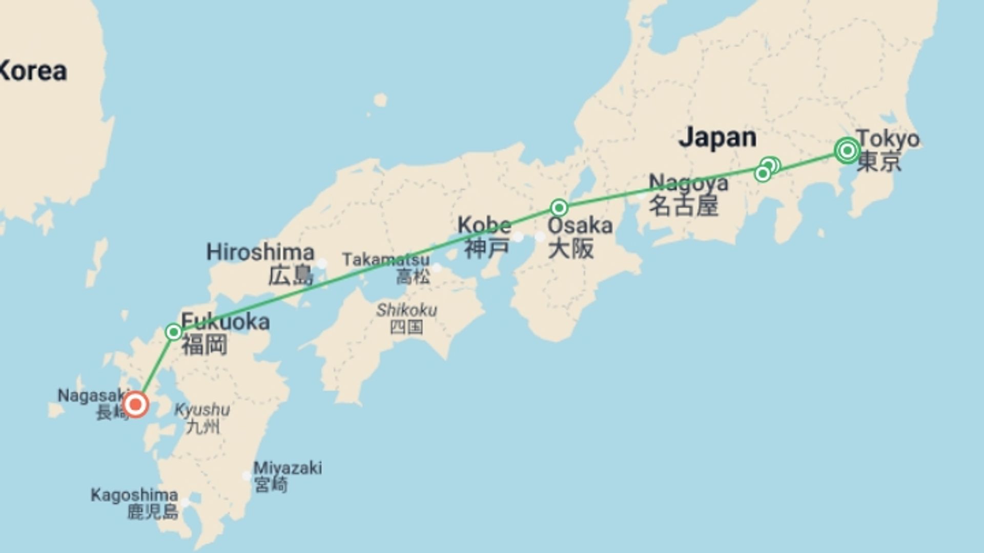 A map showing the tour itinerary for the trip: Tokyo, Mount Fuji, Kyoto and Nagasaki, starting in Tokyo, Japan and ending in Nagasaki, Japan going through 3 other destinations.