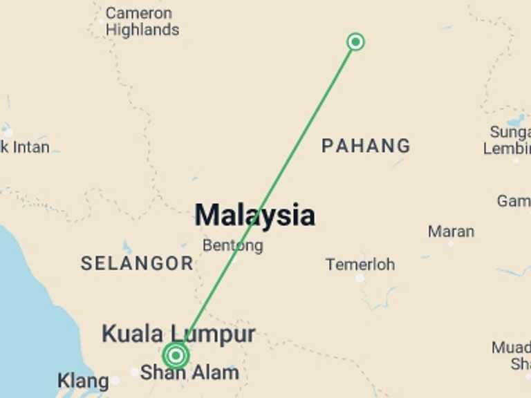 Map itinerary of Malaysia Tour in August 2026 with 2 destination visits for the trip: Taman Negara from Kuala Lumpur in 3 days