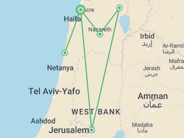 Map of 2-Day Jerusalem Tour with 2 destination visits for the trip: Nazareth And Caesarea, 2 Days From Jerusalem