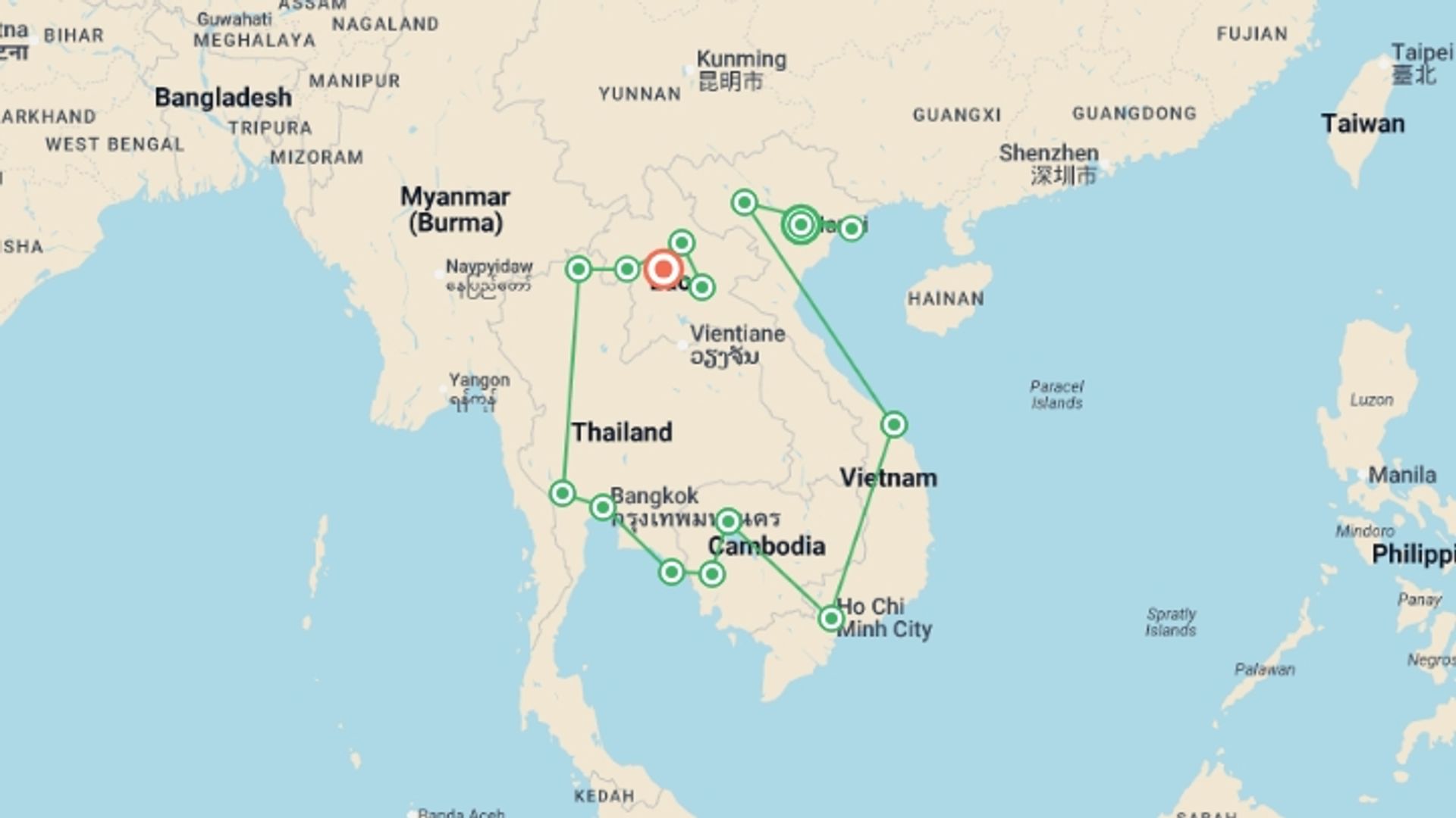 A map showing the tour itinerary for the trip: Southeast Asia Immersion: Vietnam, Cambodia, Thailand & Laos, starting in Hanoi, Vietnam and ending in Luang Prabang, Laos going through 13 other destinations.