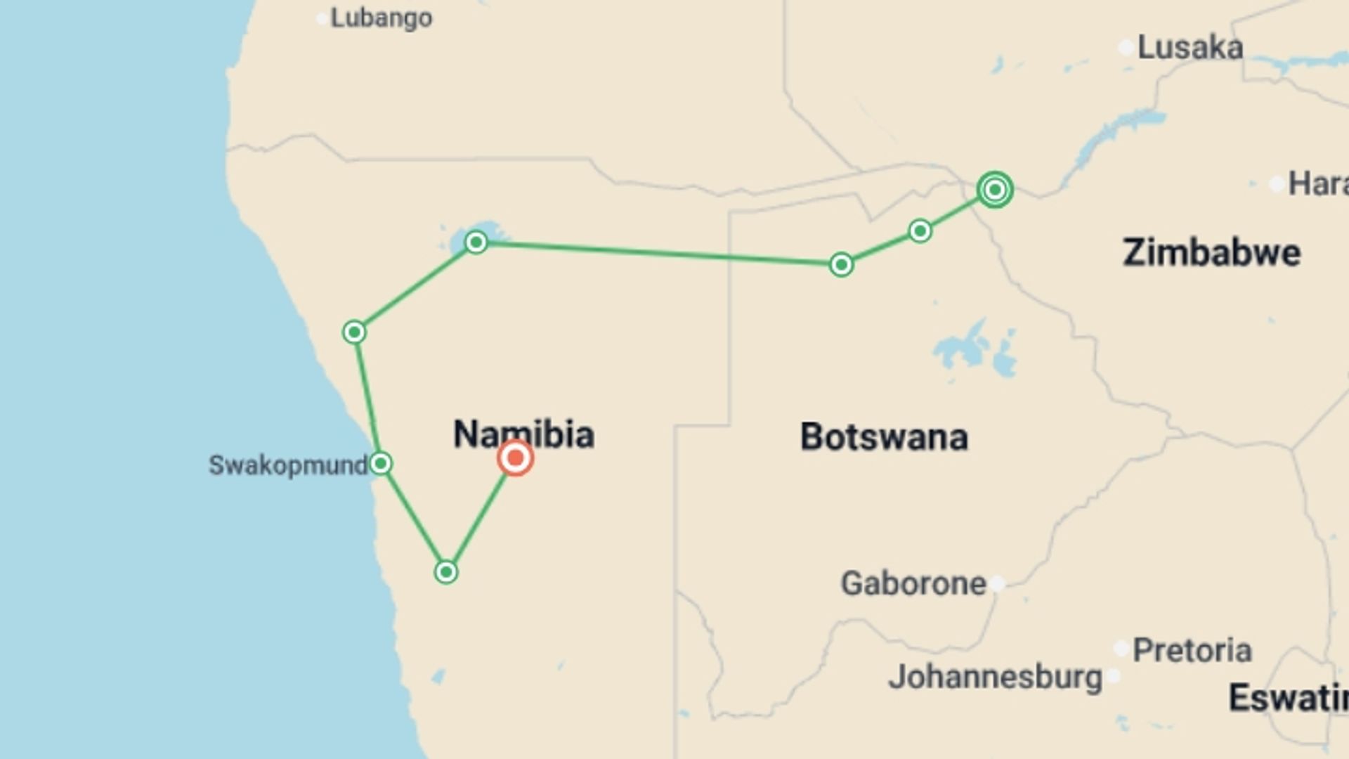 A map showing the tour itinerary for the trip: Falls, Botswana & Namibia - 14 days, starting in Victoria Falls, Zimbabwe and ending in Windhoek, Namibia going through 6 other destinations.