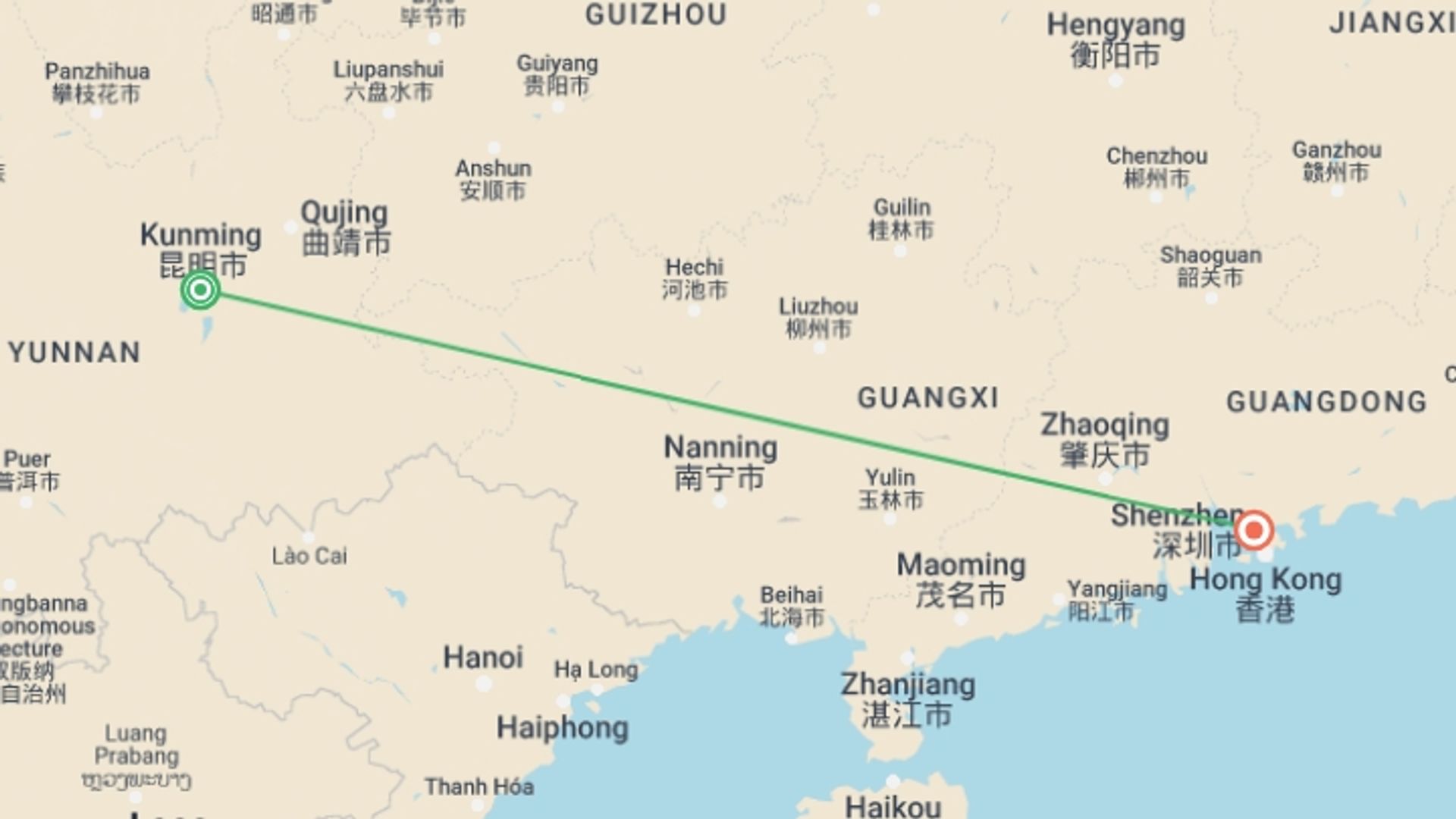 A map showing the tour itinerary for the trip: China Golf Luxury: Spring City & Mission Hills Shenzhen, starting in Kunming, China and ending in Shenzhen, China going through 0 other destinations.