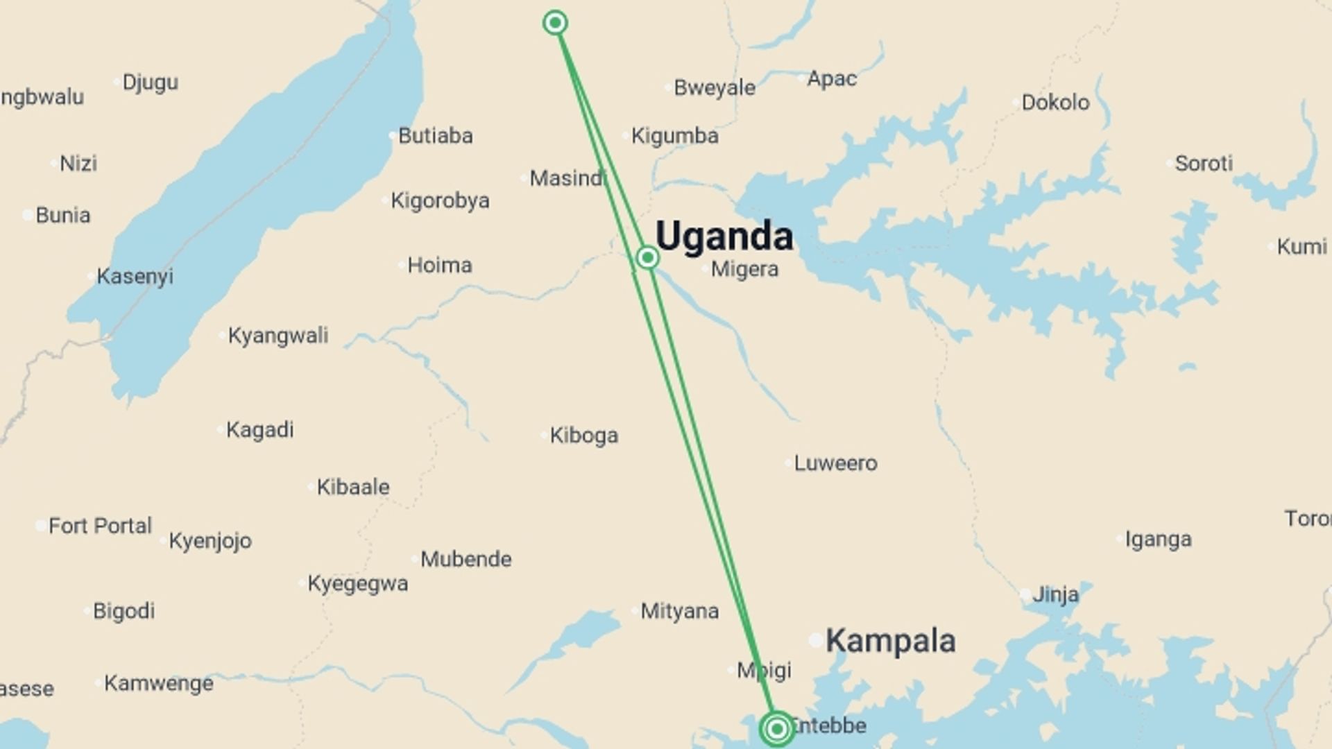 A map showing the tour itinerary for the trip: 5-Day Big 5 Safari to Murchison and Chimpanzee Tracking, starting in Entebbe, Uganda and ending in Entebbe, Uganda going through 3 other destinations.