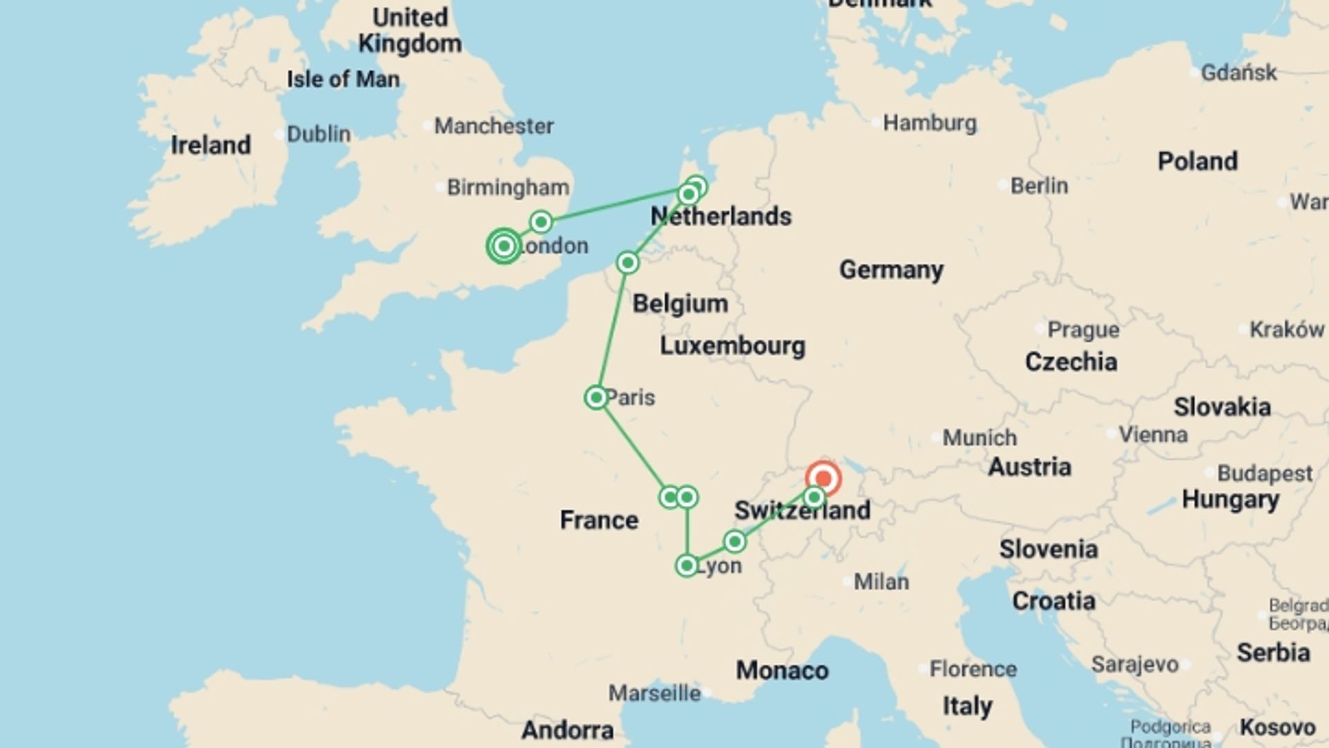 A map showing the tour itinerary for the trip: Trekking Through the Continent, starting in London, England and ending in Zurich, Switzerland going through 4 other destinations.