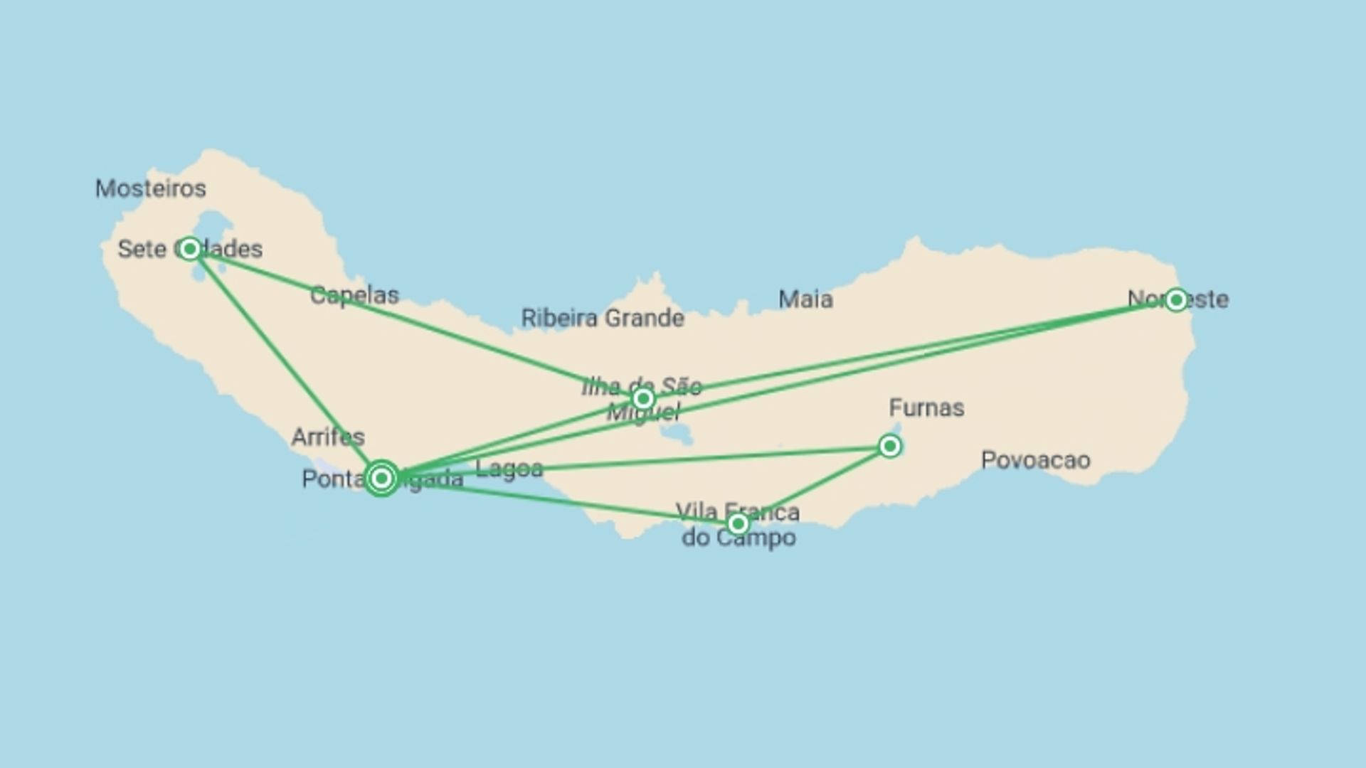 A map showing the tour itinerary for the trip: Sao Miguel Discovery - 7 days, starting in Ponta delgada, Portugal and ending in Ponta delgada, Portugal going through 1 other destinations.