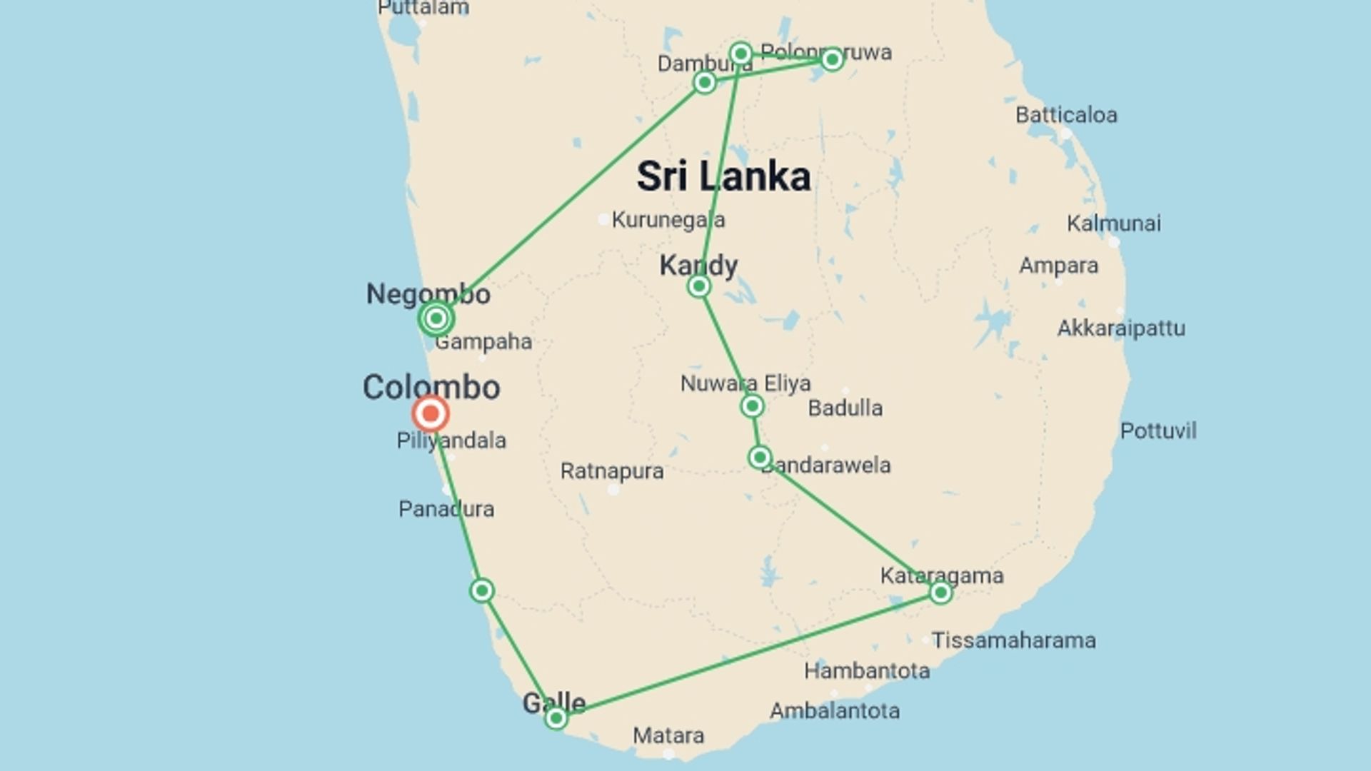 A map showing the tour itinerary for the trip: Upgraded - Discover Sri Lanka, starting in Negombo, Sri Lanka and ending in Colombo, Sri Lanka going through 9 other destinations.