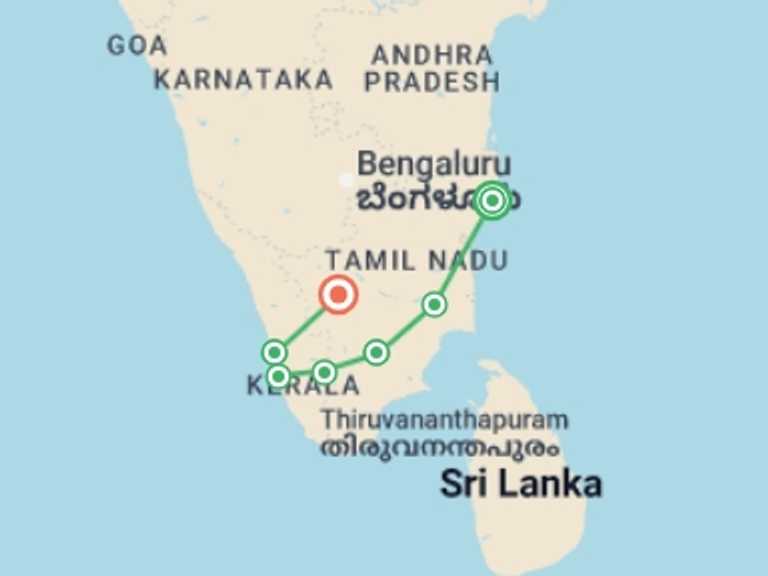 Map itinerary of India Tour in Summer with 7 destination visits for the trip: East to West Coast: Southern India