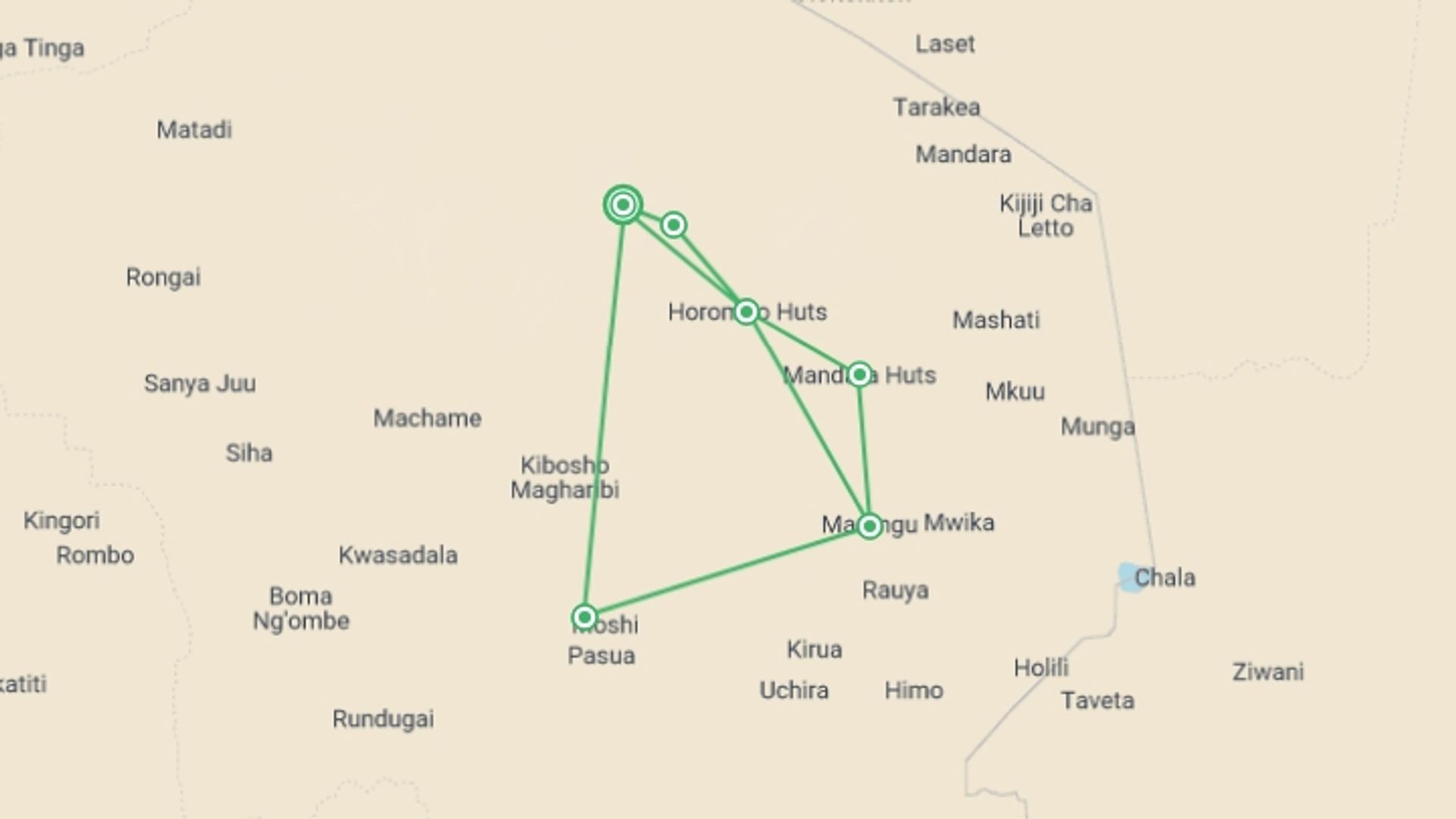 A map showing the tour itinerary for the trip: Marangu Route, Silver Level Climb (on Request), starting in Kilimanjaro, Tanzania and ending in Kilimanjaro, Tanzania going through 4 other destinations.