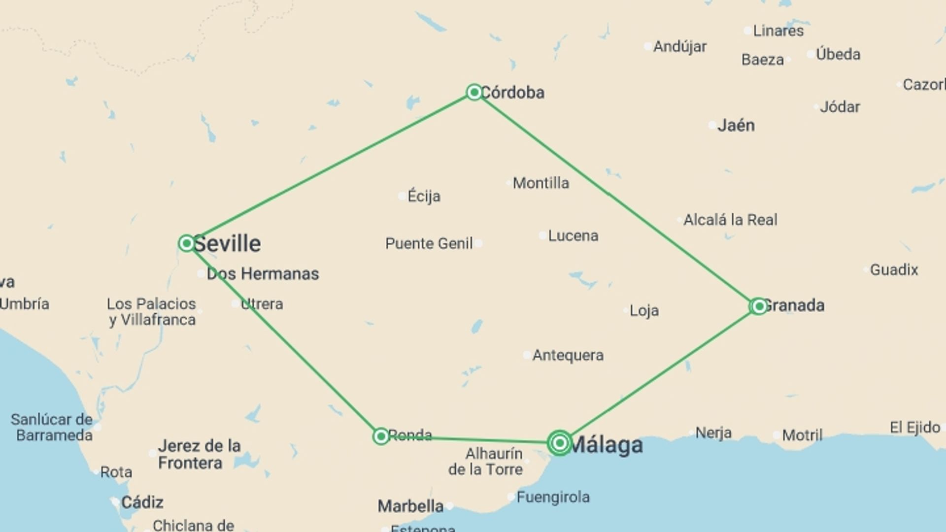 A map showing the tour itinerary for the trip: Moorish Andalucia, starting in Malaga, Spain and ending in Malaga, Spain going through 5 other destinations.