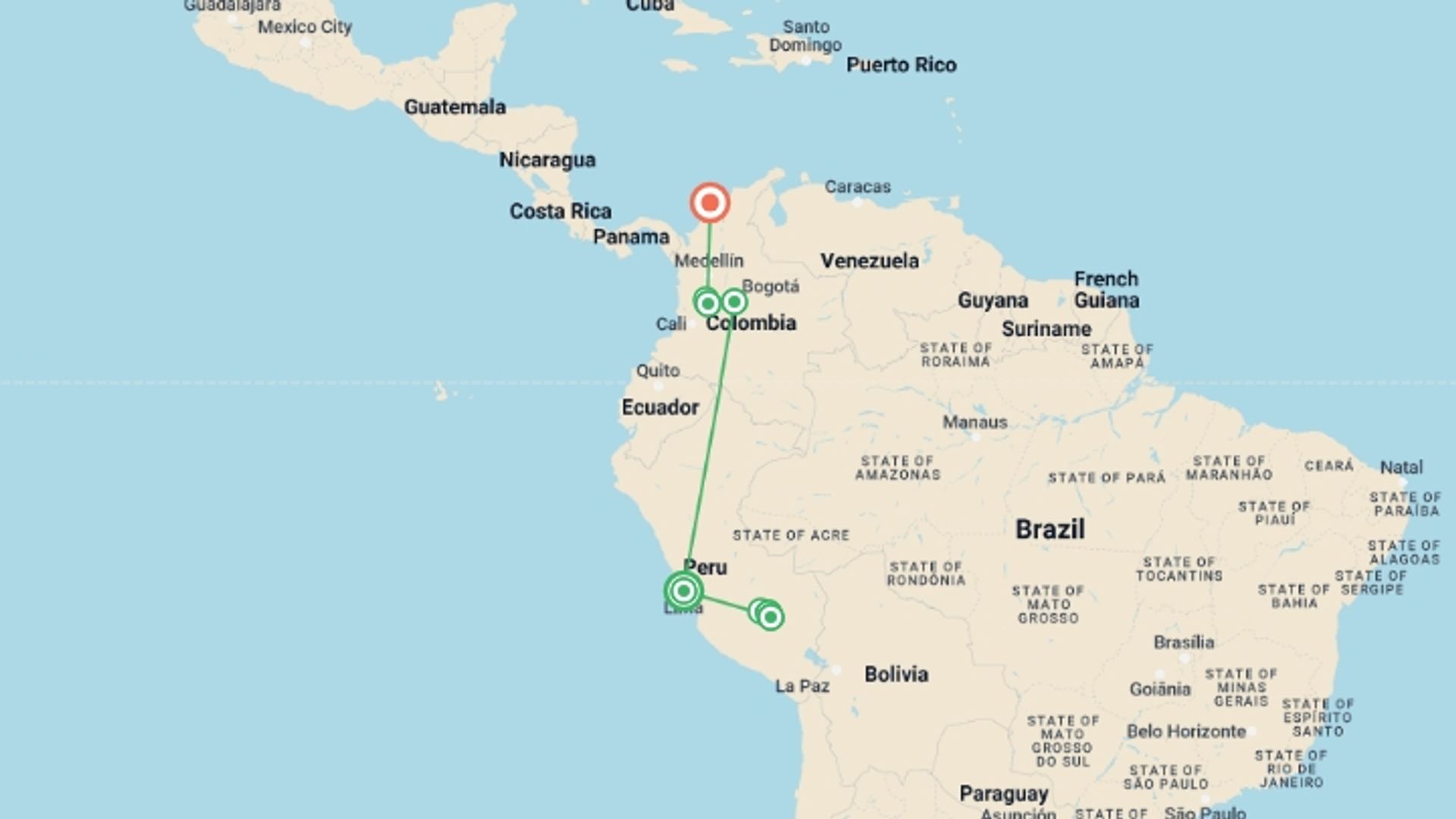 A map showing the tour itinerary for the trip: Charming Peru and Colombia, starting in Lima, Peru and ending in Cartagena, Colombia going through 5 other destinations.