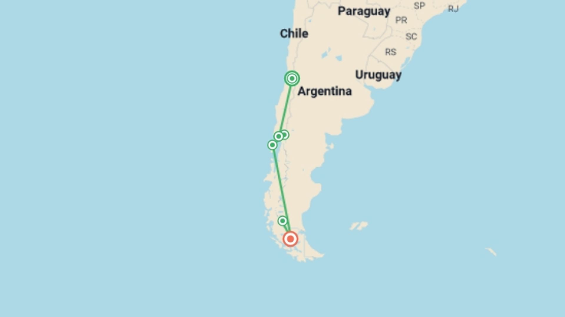 A map showing the tour itinerary for the trip: Santiago to Patagonia - 14 days, starting in Santiago, Cape verde and ending in Punta Arenas, Chile going through 4 other destinations.