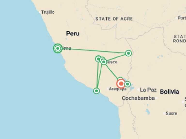 Map of Lima Wildlife safaris and game drives Tour with 10 destination visits for the trip: Best of Peru