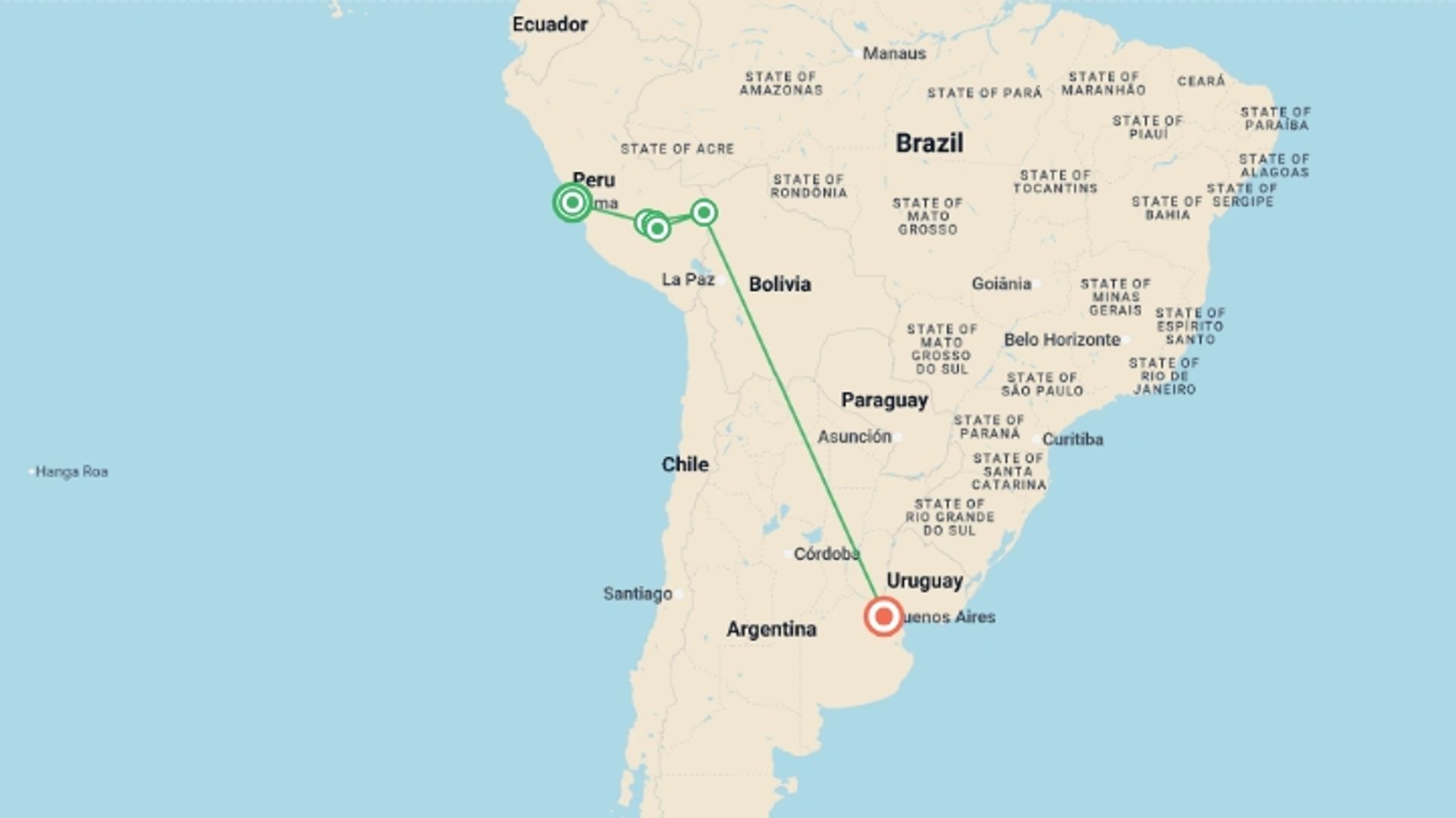 A map showing the tour itinerary for the trip: Peru & Amazon Experience, starting in Lima, Peru and ending in Buenos Aires, Argentina going through 5 other destinations.
