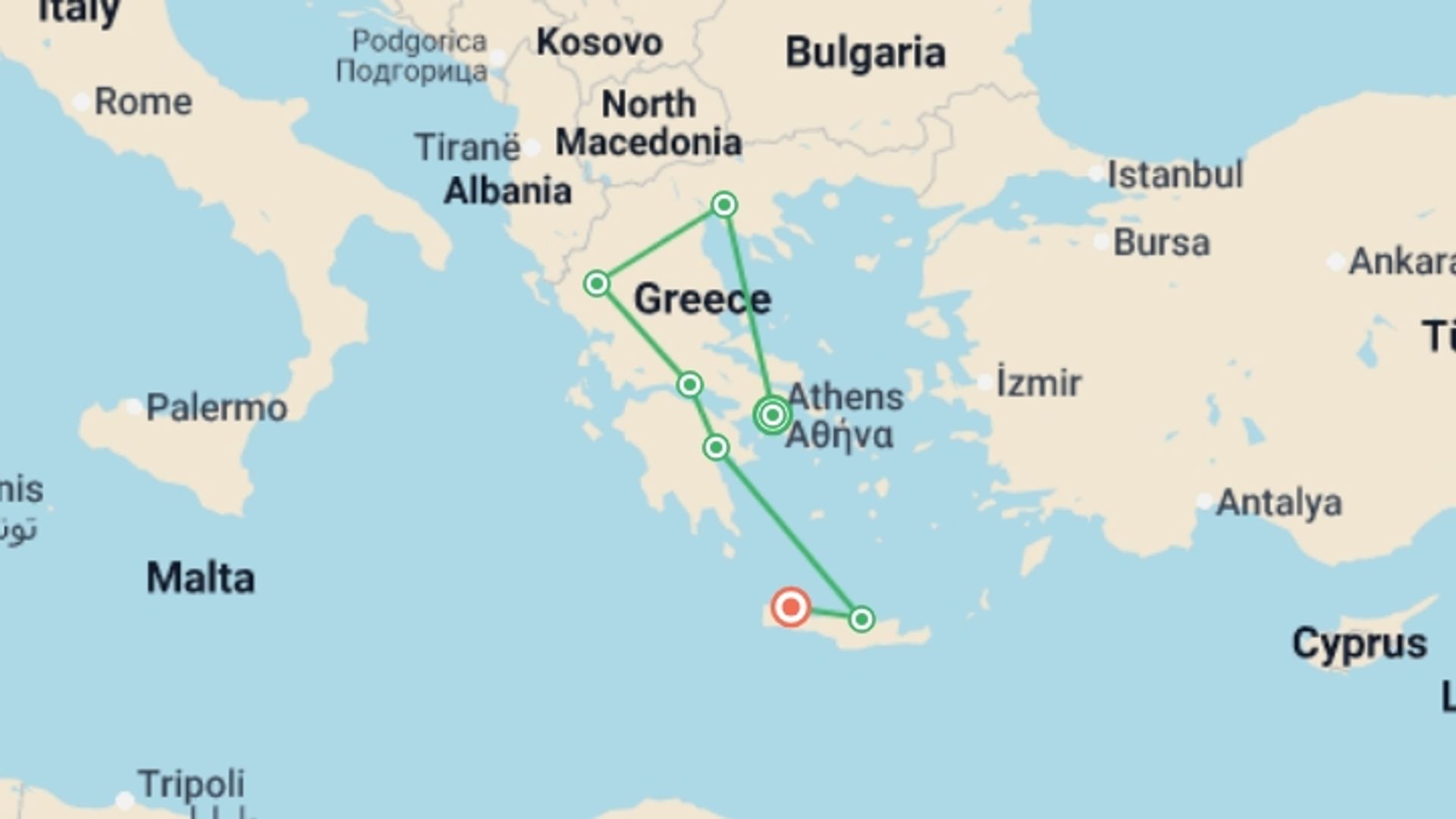 A map showing the tour itinerary for the trip: Greece Undiscovered, starting in Athens, Greece and ending in Chania, Greece going through 5 other destinations.