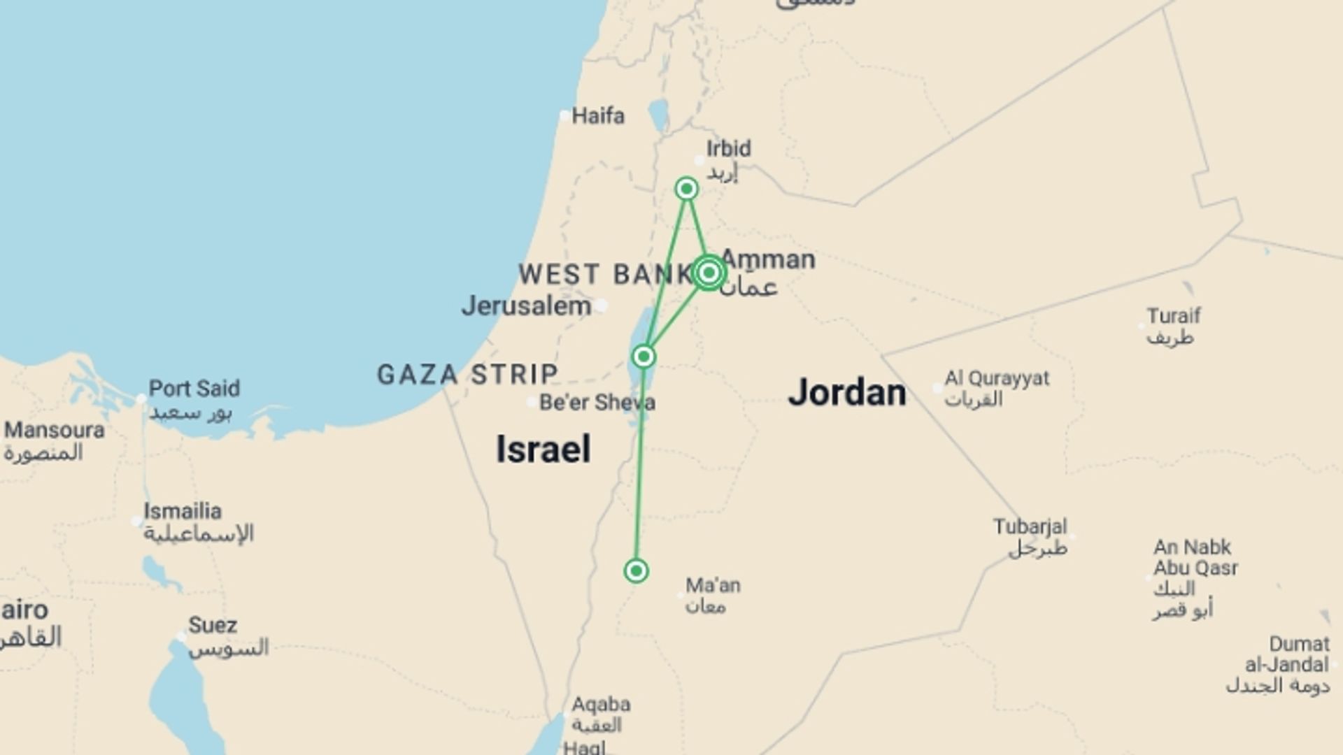 A map showing the tour itinerary for the trip: Jordan Group Discovery 9D/8N, starting in Amman, Jordan and ending in Amman, Jordan going through 3 other destinations.