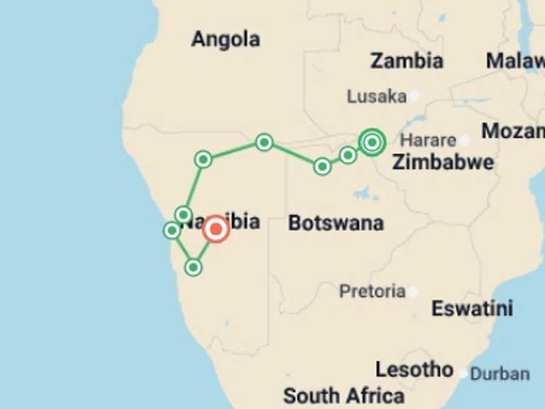 Map of a Local culture Tour with 9 destination visits for the trip: Chobe, Okavango & Etosha - 14 days