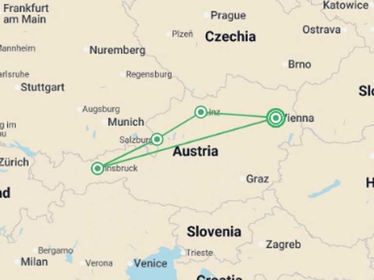 Map itinerary of Europe Tour in June 2026 with 4 destination visits for the trip: Total Austria