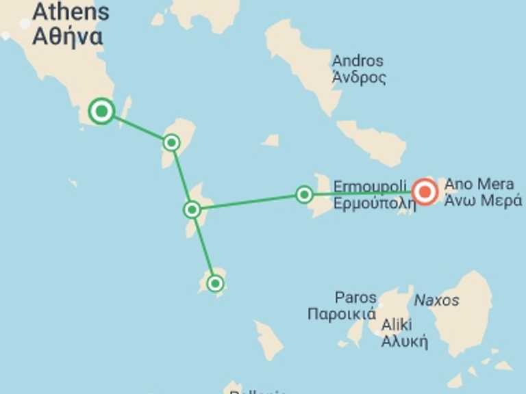 Map itinerary of Europe Tour in Fall with 7 destination visits for the trip: Sail & Hike Greece: Athens to Mykonos