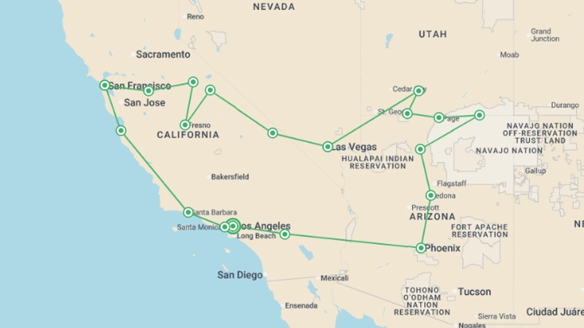 A map showing the tour itinerary for the trip: Palm Springs, Bryce Canyon & Death Valley - 13 days, starting in Los Angeles, USA and ending in Los Angeles, USA going through 5 other destinations.