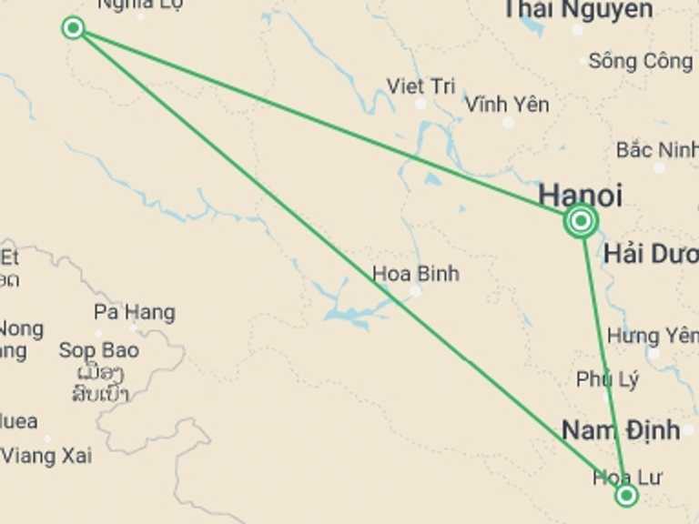 Map itinerary of Ninh Binh Tour in June 2027 with 3 destination visits for the trip: Ninh Binh Mini Adventure