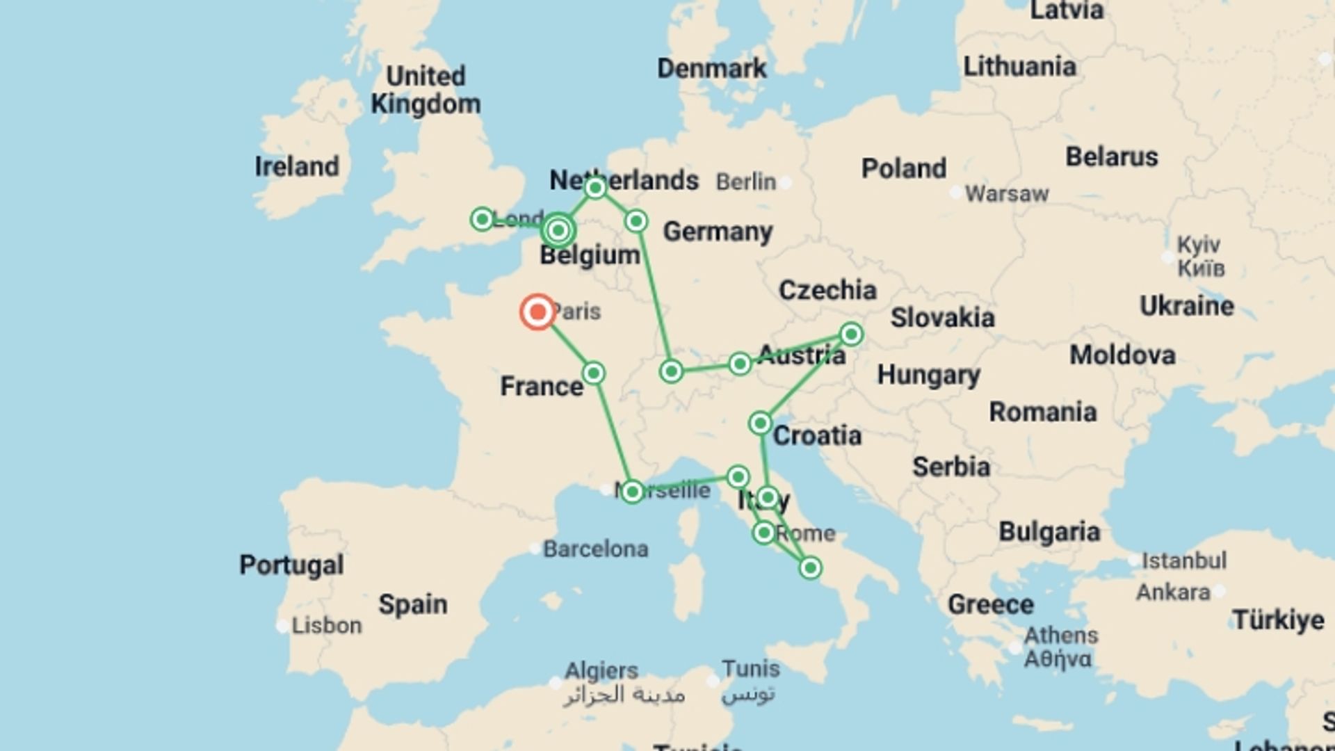 A map showing the tour itinerary for the trip: Grand European, starting in Bruges, Belgium and ending in Paris, France going through 13 other destinations.