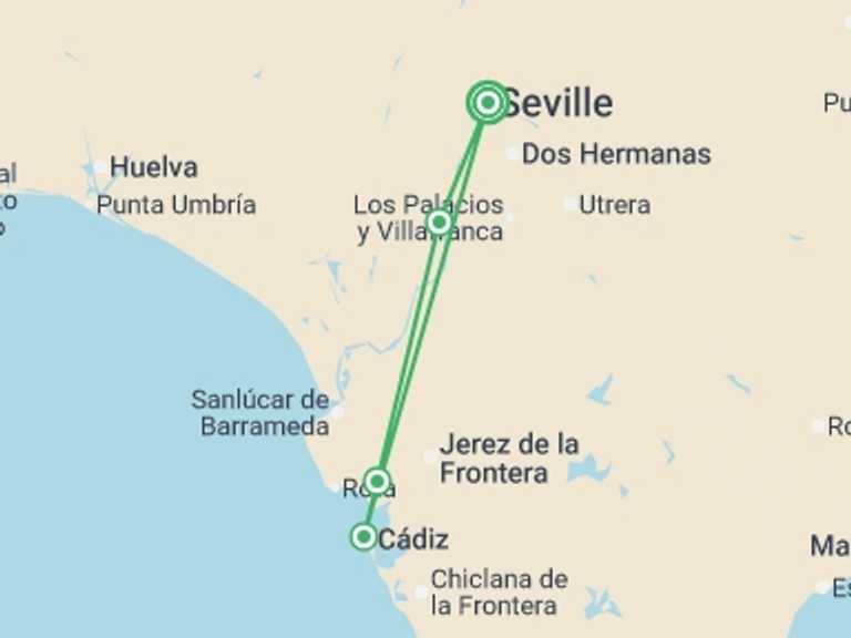 Map of Spain Cruise Tour with 4 destination visits for the trip: Enchanting Andalusia - Seville Fair Festivities: Tradition, gastronomy and flamenco (port-to-port cruise)