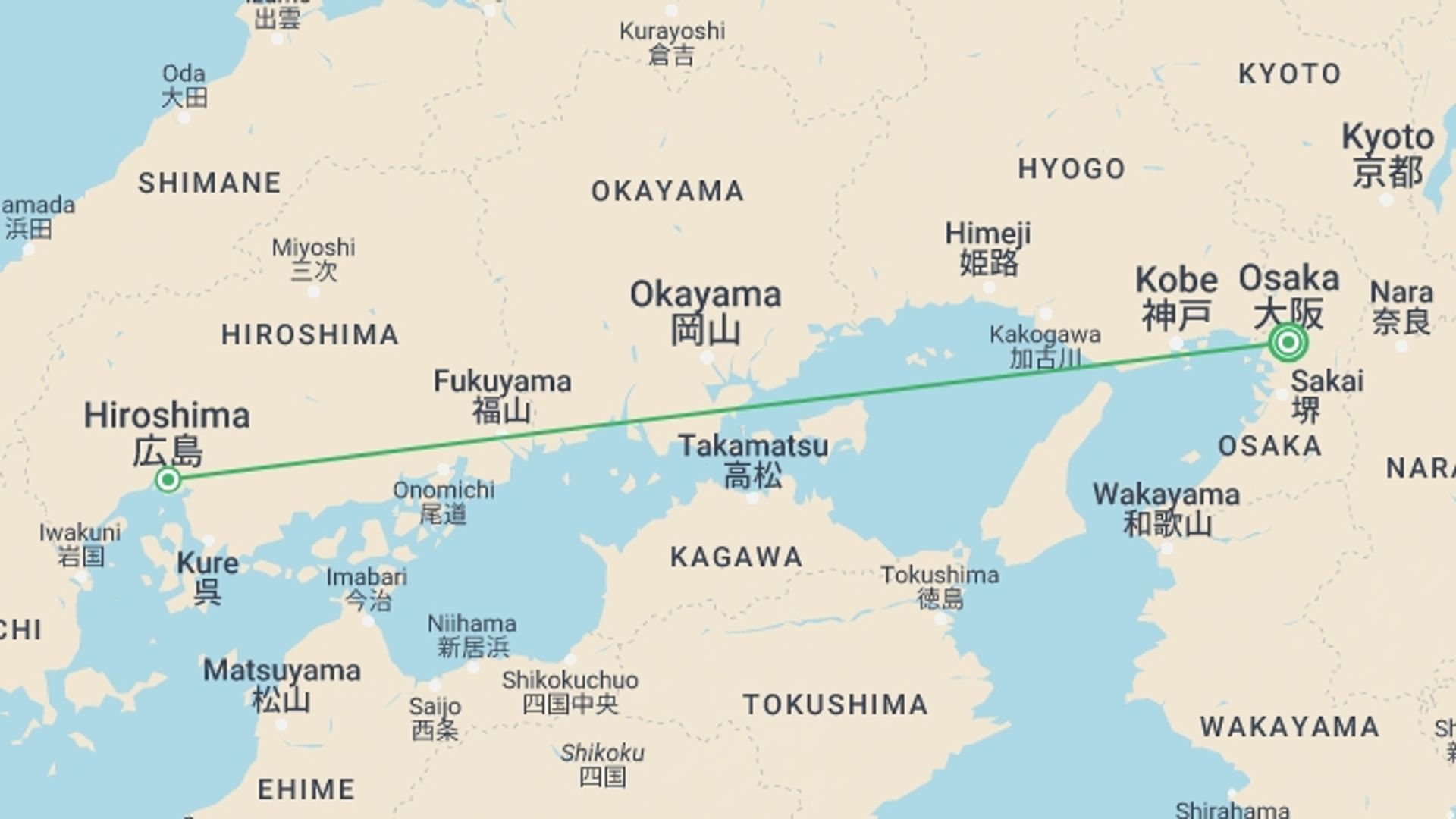 A map showing the tour itinerary for the trip: Hiroshima Peace And Prayers By Bullet Train from Osaka, starting in Osaka, Japan and ending in Osaka, Japan going through 1 other destinations.