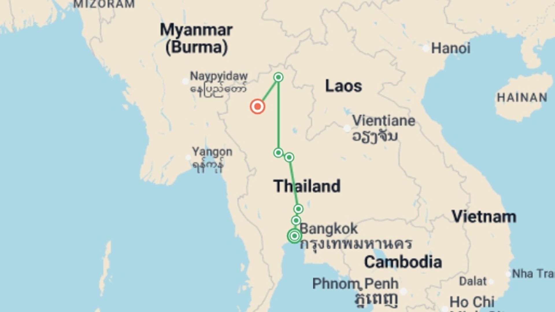 A map showing the tour itinerary for the trip: Bangkok to Chiang Mai Express - 5 days, starting in Bangkok, Thailand and ending in Chiang Mai, Thailand going through 2 other destinations.