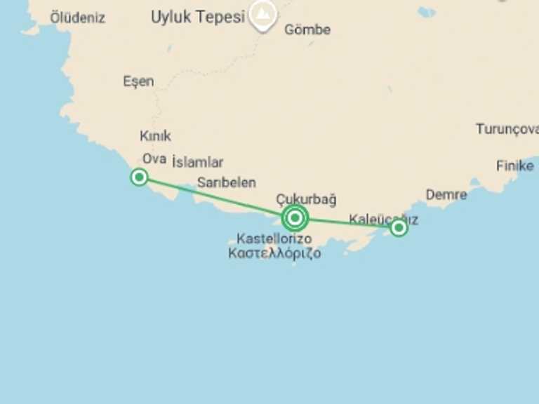 Map itinerary of Mediterranean Tour in October 2026 with 3 destination visits for the trip: Walking Turkey's Turquoise Coast