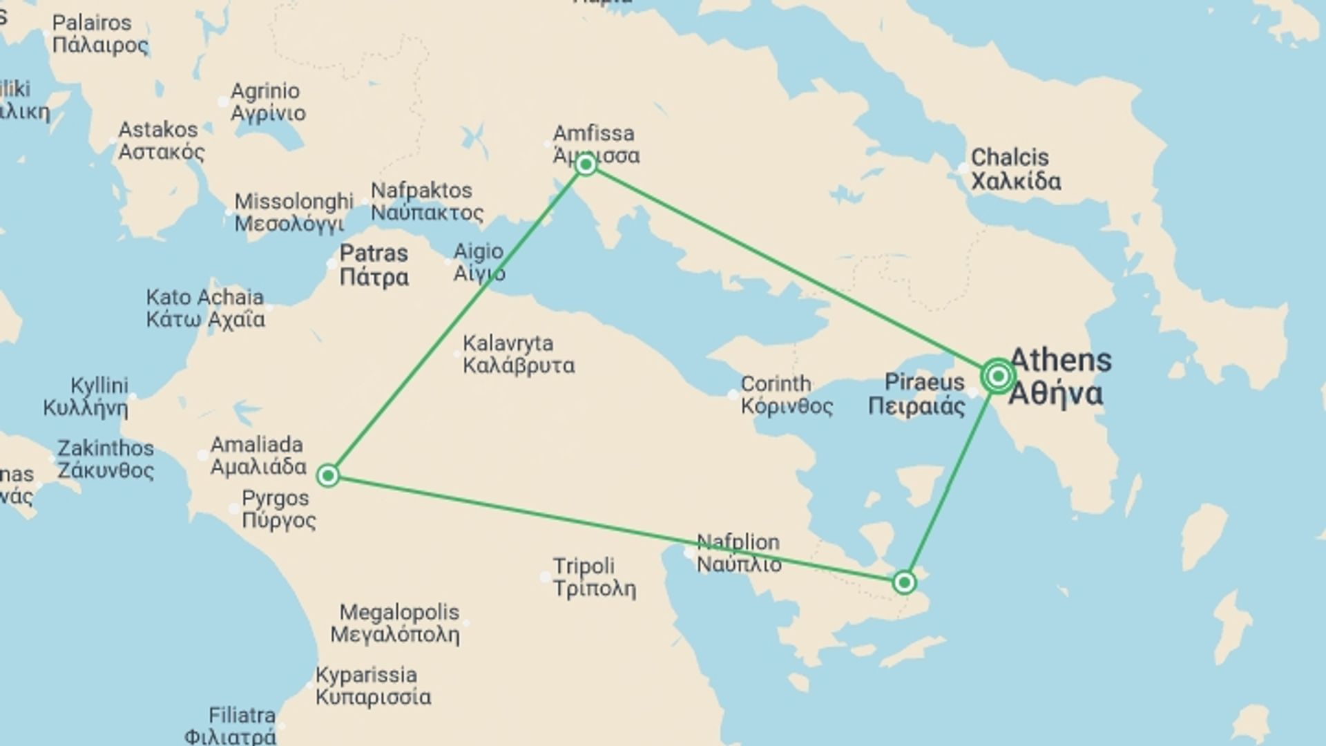 A map showing the tour itinerary for the trip: Greece Family Holiday, starting in Athens, Greece and ending in Athens, Greece going through 3 other destinations.