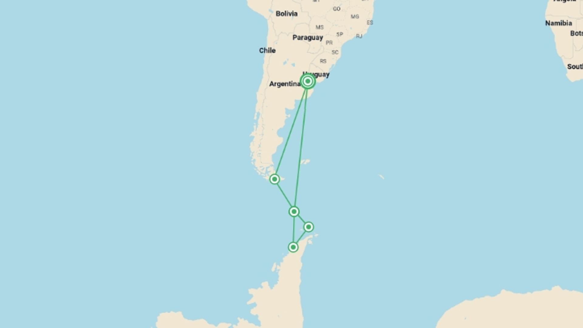 A map showing the tour itinerary for the trip: Antarctic Marine Mammals: The World of Whales and Seals, starting in Buenos Aires, Argentina and ending in Buenos Aires, Argentina going through 4 other destinations.